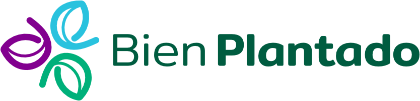 logo bien plantado, conformado por una imagen a la izquierda con tres elementos morado azul y verde. A la derecha el texto "Bien plantado" en color verde oscuro.